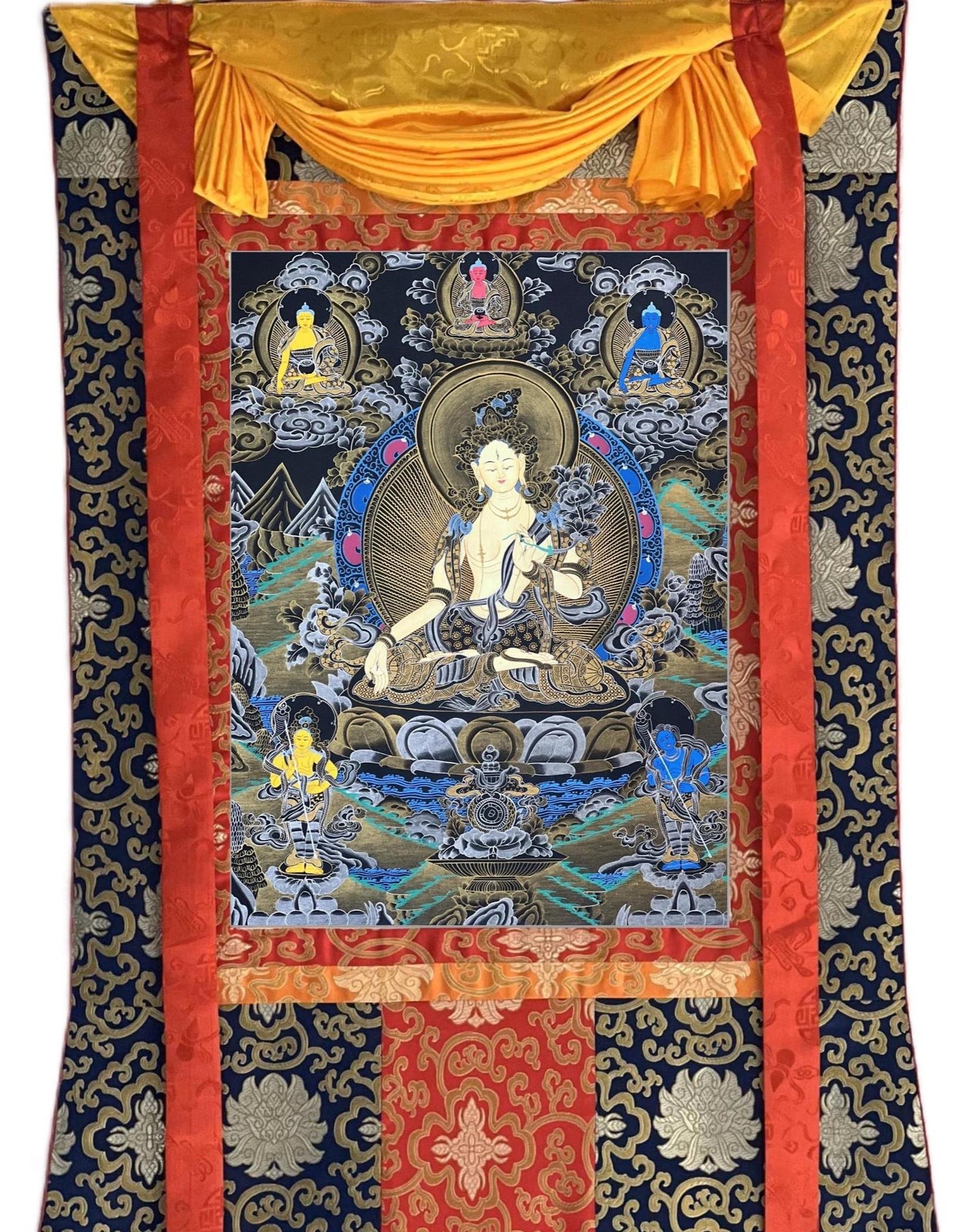 White Tara Thangka | Hand-Painted Tibetan Healing Goddess Art with Silk Brocade