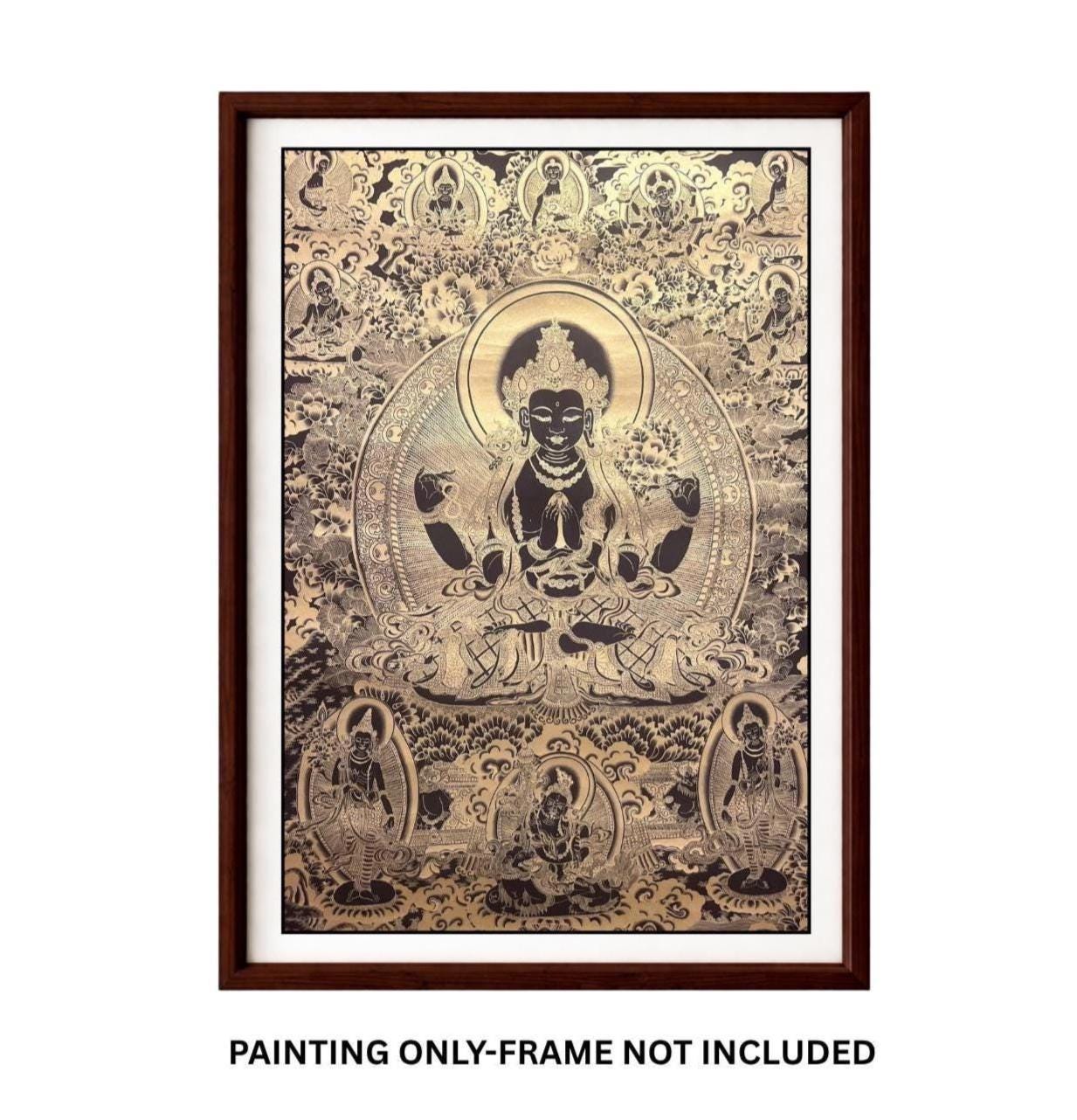 Avalokiteshvara Chenrezig Black and Gold Tibetan Thangka – Compassion Buddha Meditation Art