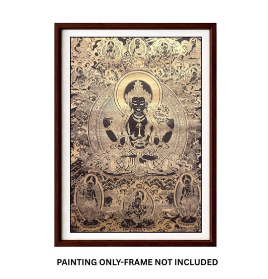 Avalokiteshvara Chenrezig Black and Gold Tibetan Thangka – Compassion Buddha Meditation Art