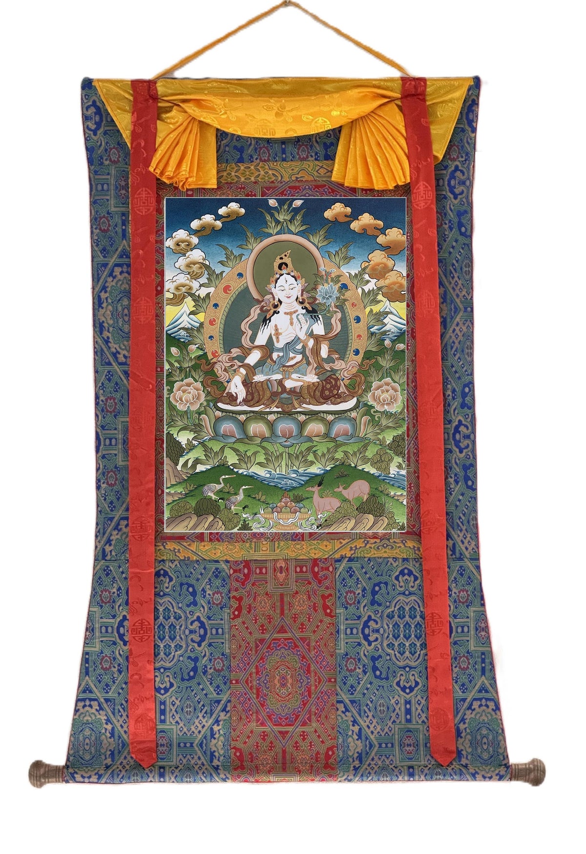 White Tara Thangka with Silk Brocade | Hand-Painted Tibetan Goddess of Compassion Art
