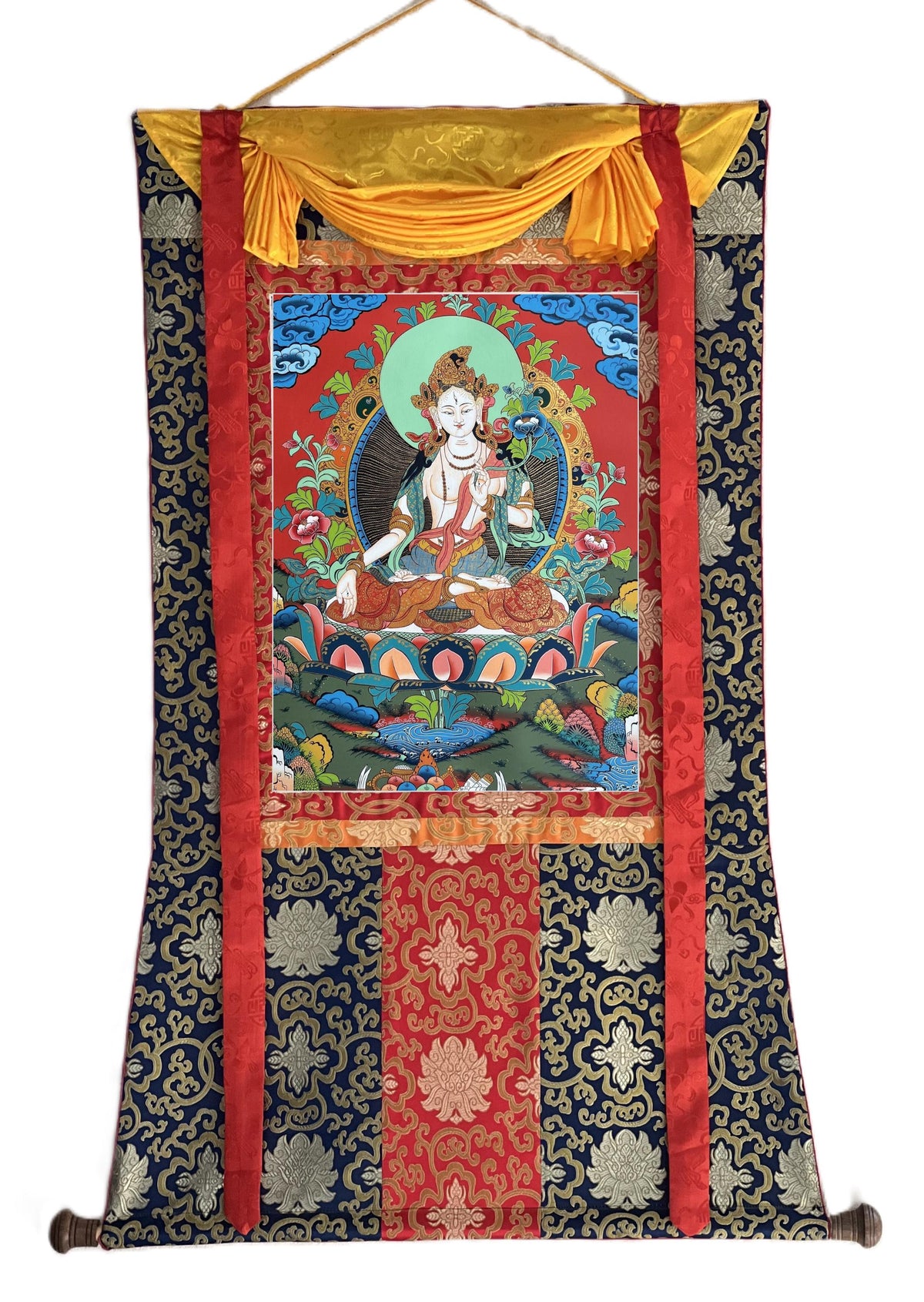 White Tara Tibetan Thangka with Silk Brocade | Hand-Painted Goddess of Compassion Art