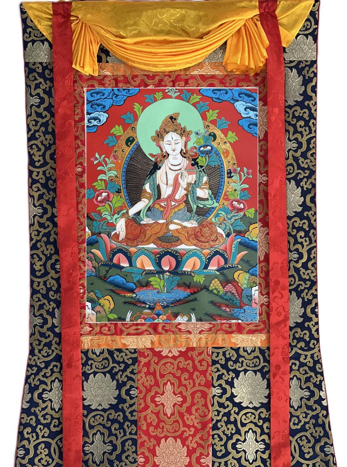 White Tara Tibetan Thangka with Silk Brocade | Hand-Painted Goddess of Compassion Art