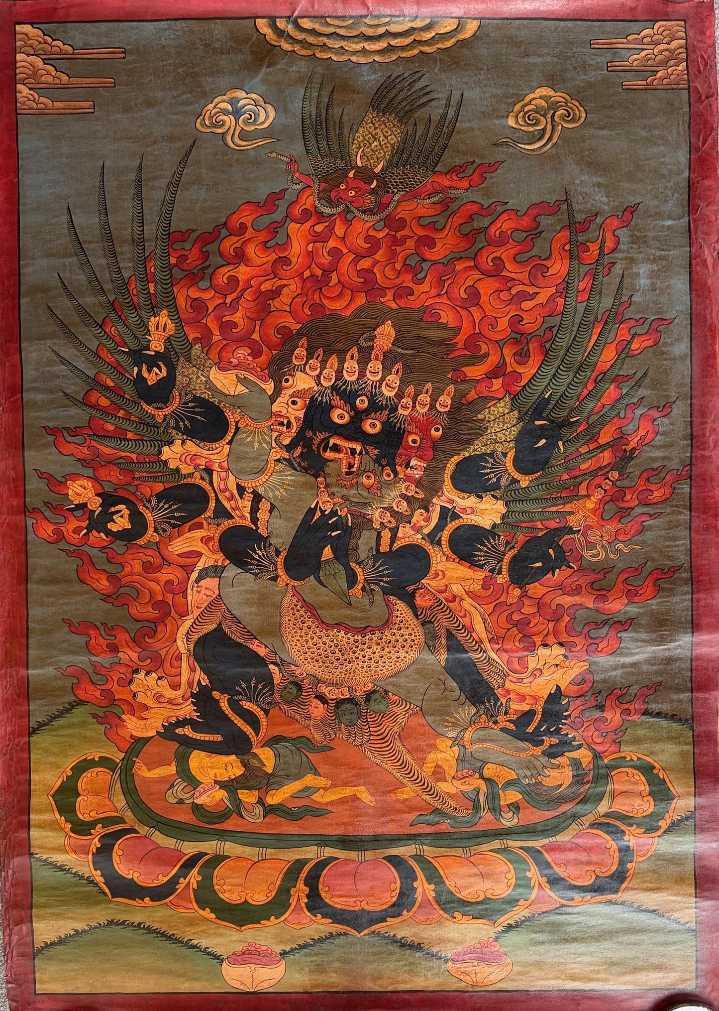 Hand-Painted Large Vajrakilaya Thangka - Wrathful Tibetan Deity -  Oil Varnished Art