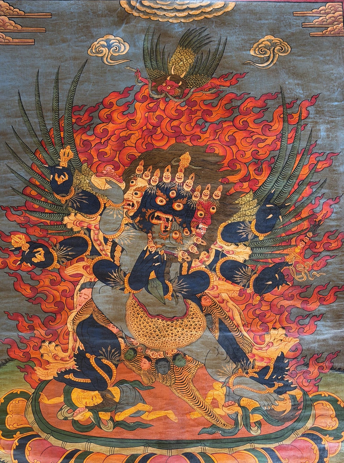 Hand-Painted Large Vajrakilaya Thangka - Wrathful Tibetan Deity -  Oil Varnished Art