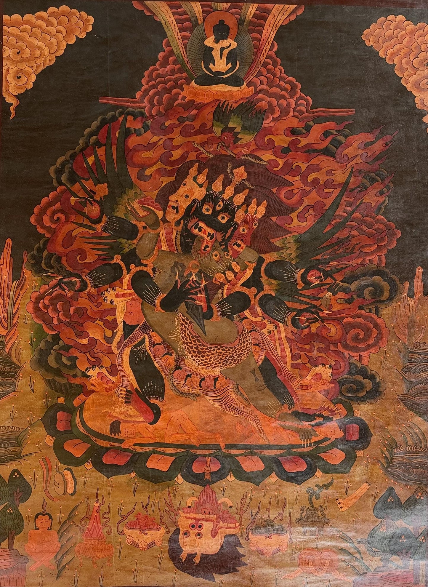 Hand-Painted Vajrakilaya Thangka | Wrathful Tibetan Deity Artwork | Vintage Oil Varnished Large Painting