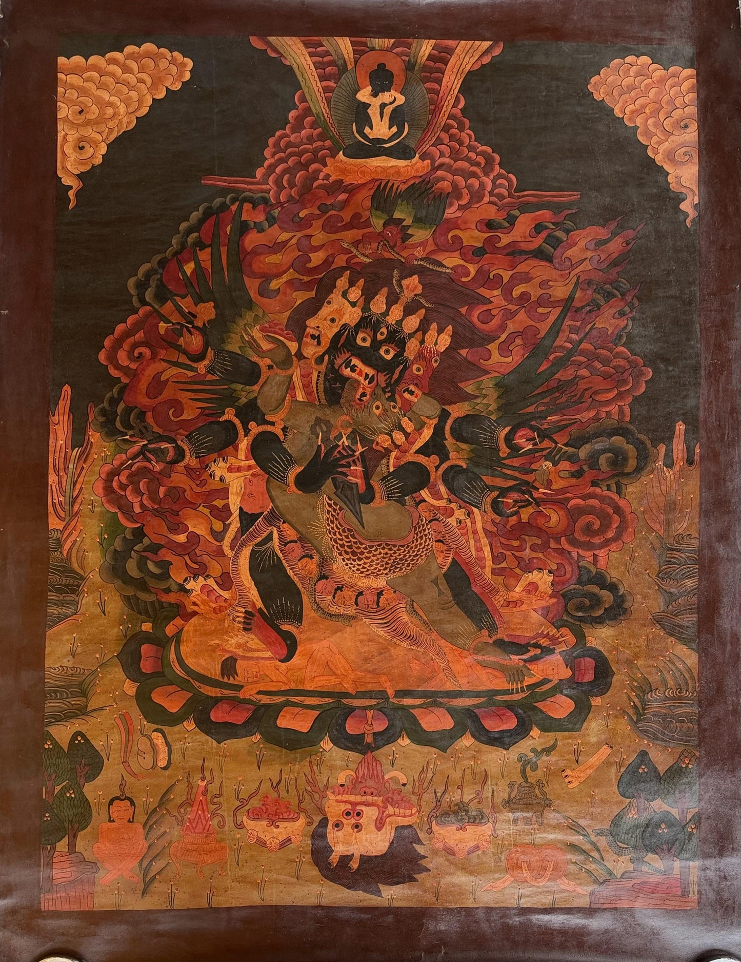 Hand-Painted Vajrakilaya Thangka | Wrathful Tibetan Deity Artwork | Vintage Oil Varnished Large Painting