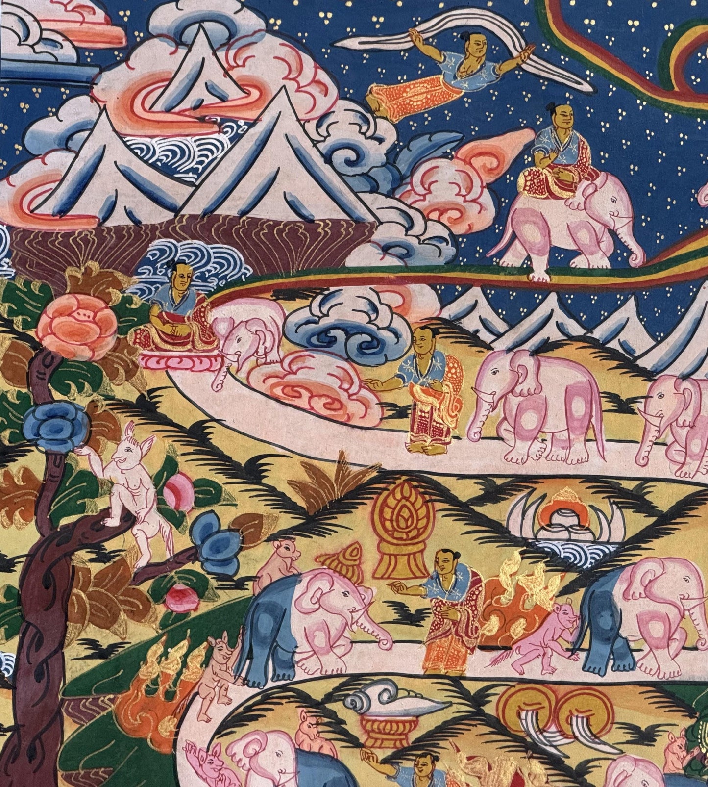 Hand Painted Tibetan Thangka – Samatha Meditation Way to Heaven / Nirvana – Buddhist Mind Training Art