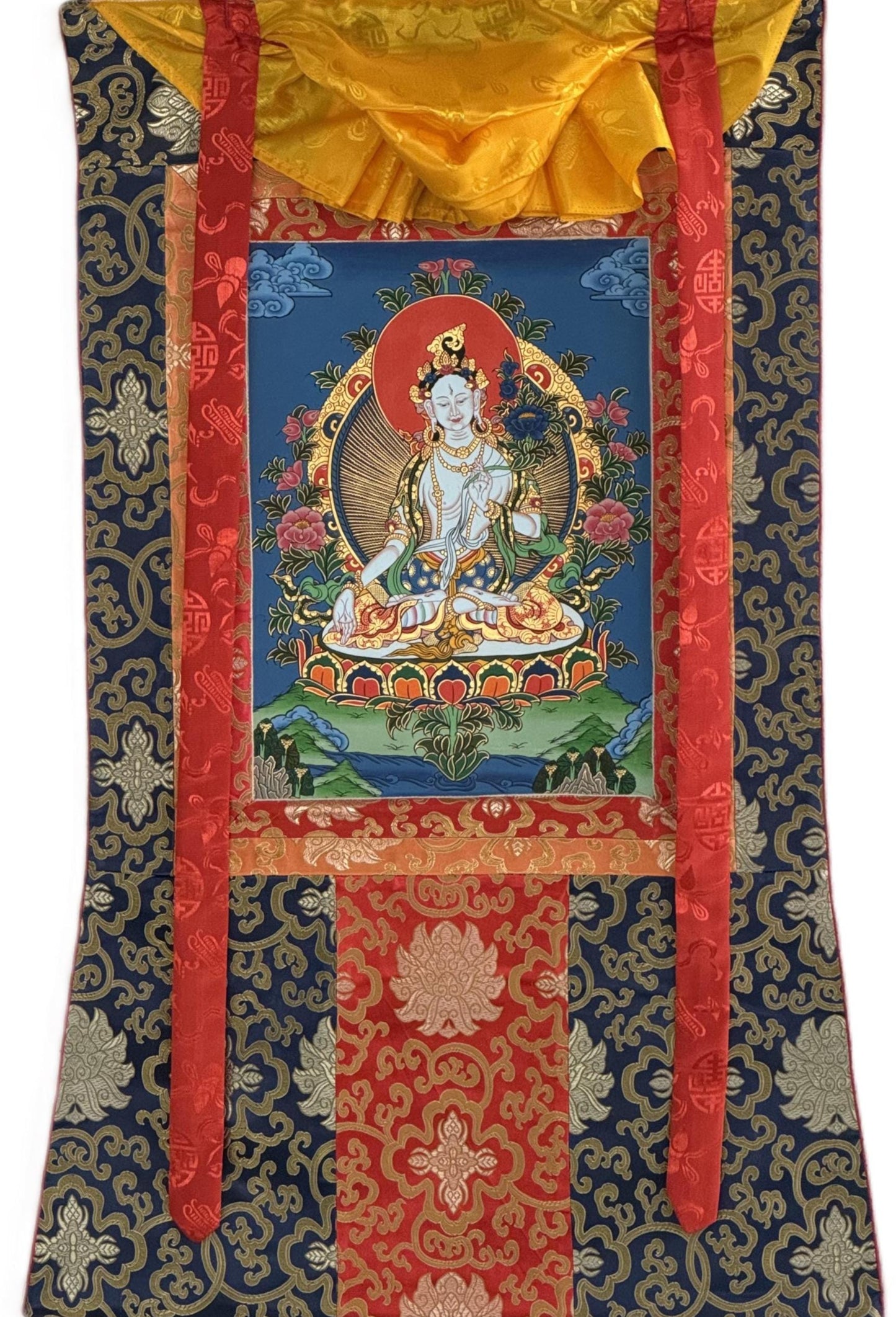 Hand-Painted White Tara Thangka with Silk Brocade