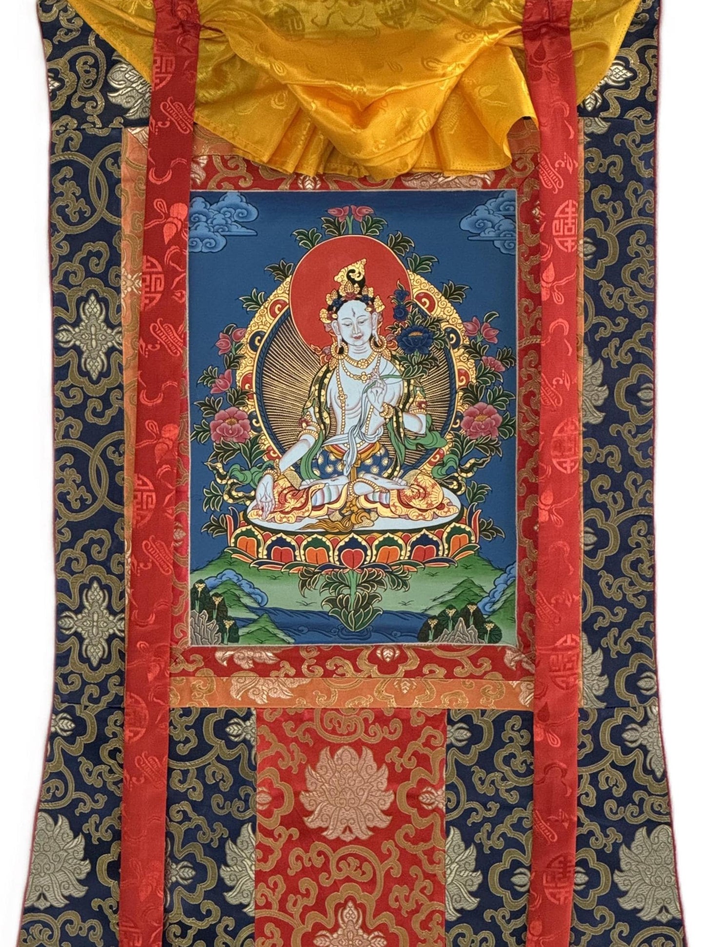 Hand-Painted White Tara Thangka with Silk Brocade