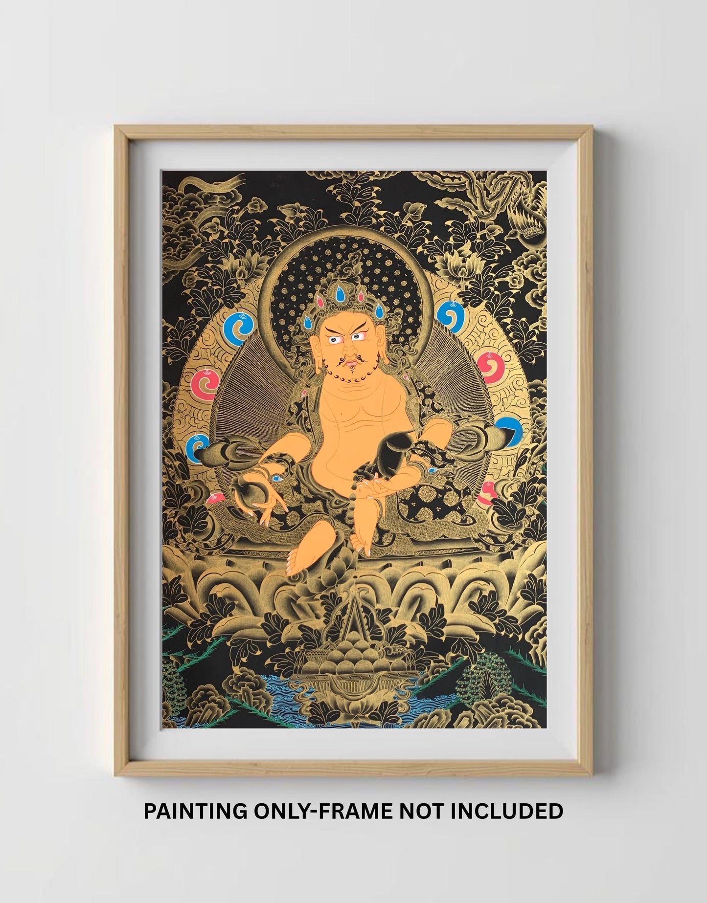 Large Jambhala Thangka | Hand-Painted Zambhala Kubera Wealth Deity with Silk Brocade