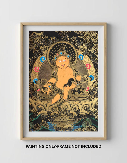 Large Jambhala Thangka | Hand-Painted Zambhala Kubera Wealth Deity with Silk Brocade