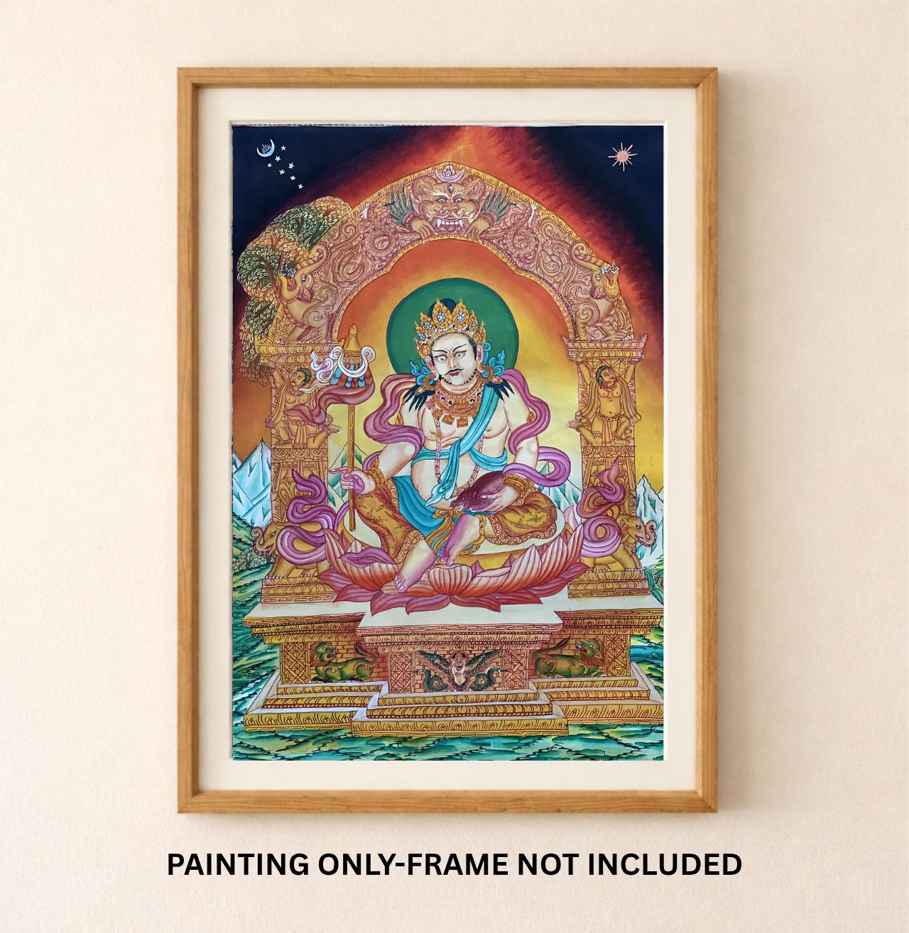 Hand-Painted Yellow Jambhala Kubera Newari Paubha Thangka | Buddhist Wealth Deity Art | Silk Brocade
