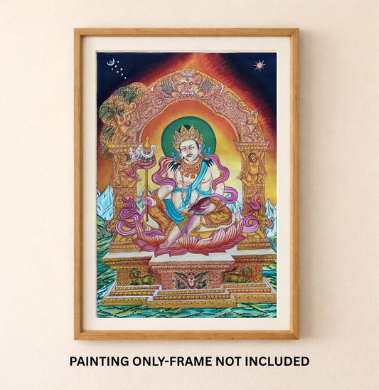 Hand-Painted Yellow Jambhala Kubera Newari Paubha Thangka | Buddhist Wealth Deity Art | Silk Brocade