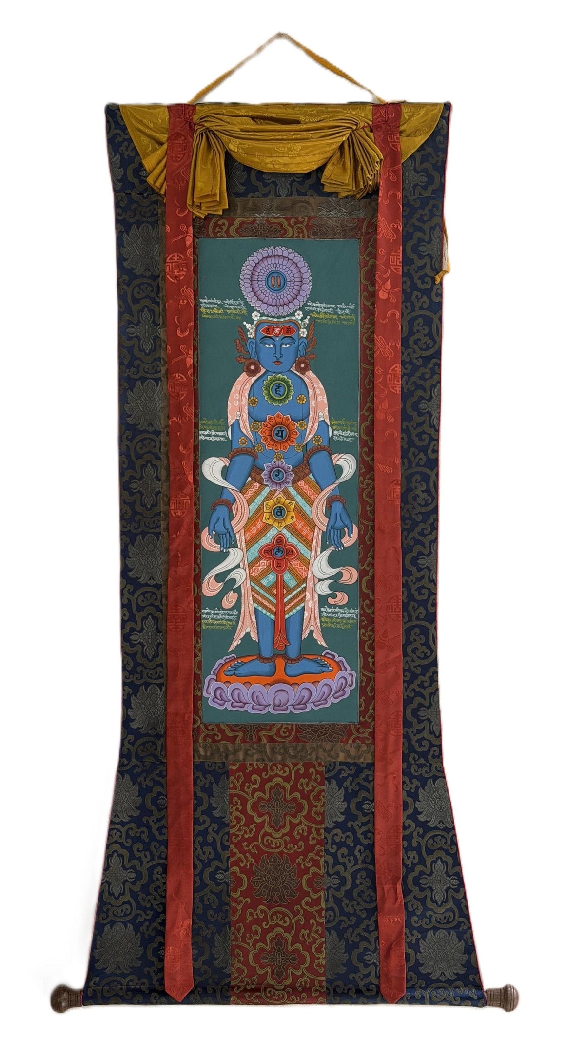 Seven Chakras Thangka Painting, Kundalini Art with Silk Brocade