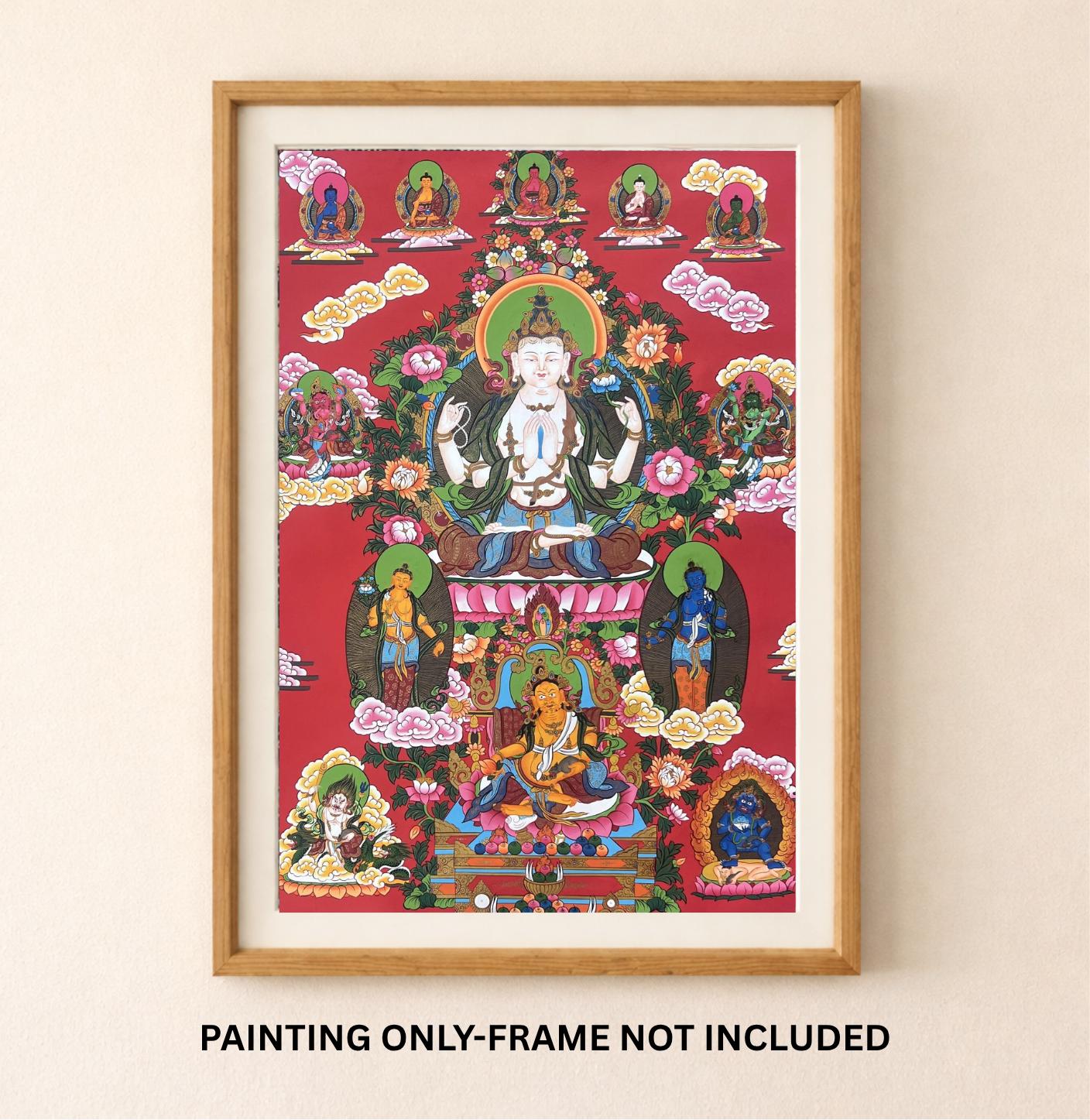 Hand-Painted Four-Armed Chenrezig Thangka with Pancha Buddhas - LARGE Tibetan Compassion Buddha Art