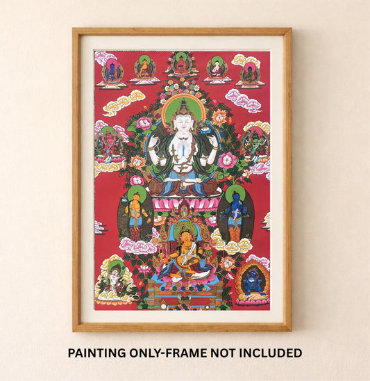 Hand-Painted Four-Armed Chenrezig Thangka with Pancha Buddhas - LARGE Tibetan Compassion Buddha Art
