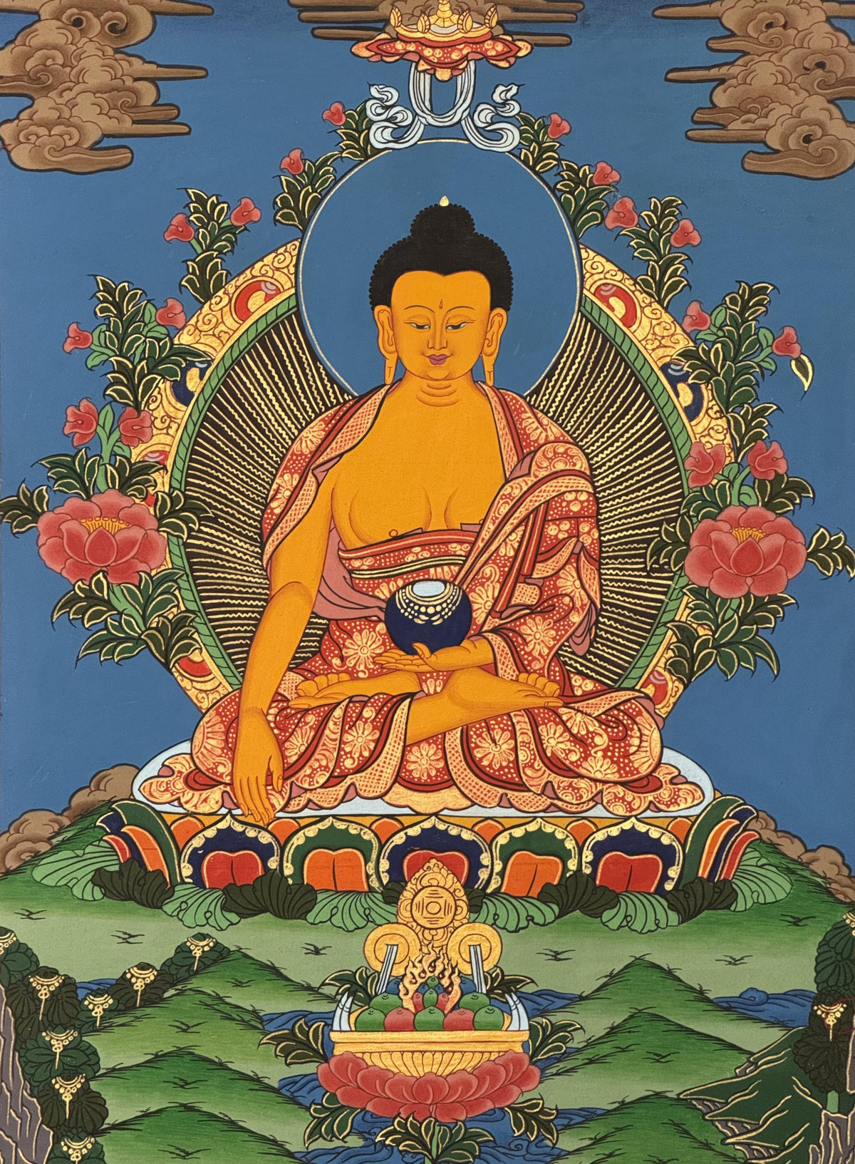 Hand-Painted Shakyamuni Buddha Thangka  Tibetan Silk Brocade Wall Art