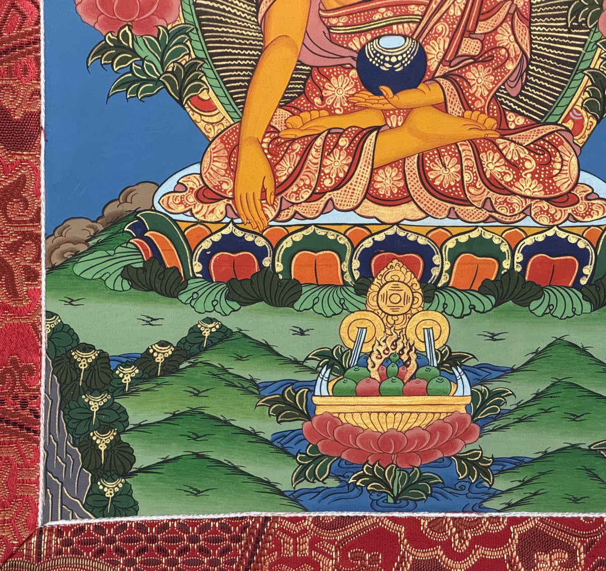Hand-Painted Shakyamuni Buddha Thangka  Tibetan Silk Brocade Wall Art
