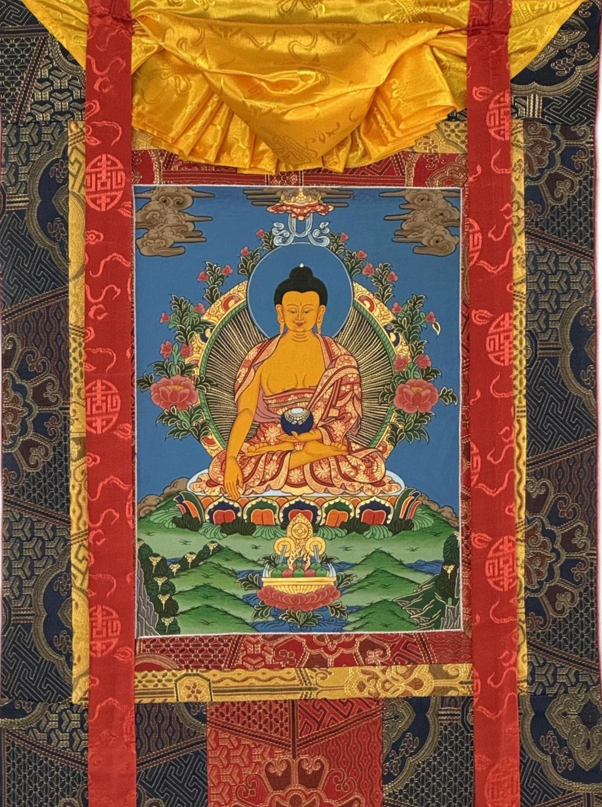 Hand-Painted Shakyamuni Buddha Thangka  Tibetan Silk Brocade Wall Art