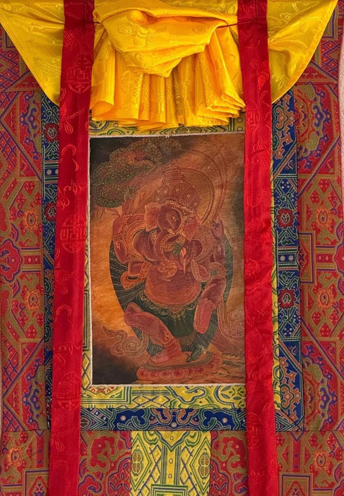 Lord Ganesha Thangka Painting | Silk Brocade Hindu Art Wall Hanging