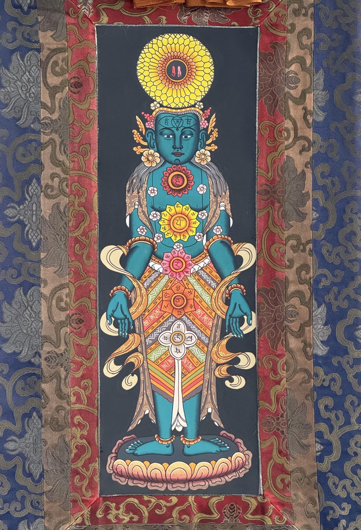 Seven Chakra Kundalini Tibetan Thangka Painting with Silk Brocade