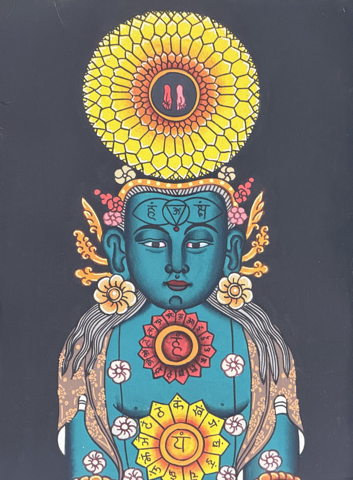 Seven Chakra Kundalini Tibetan Thangka Painting with Silk Brocade
