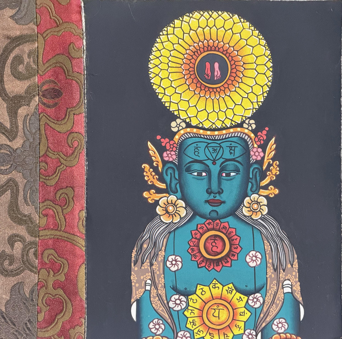 Seven Chakra Kundalini Tibetan Thangka Painting with Silk Brocade