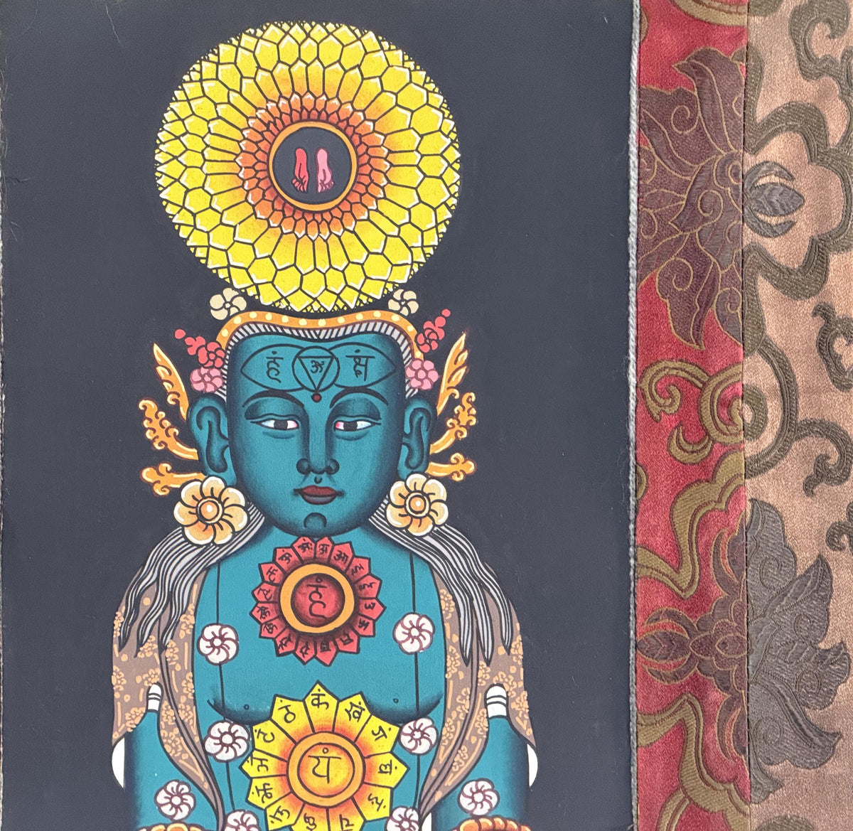 Seven Chakra Kundalini Tibetan Thangka Painting with Silk Brocade