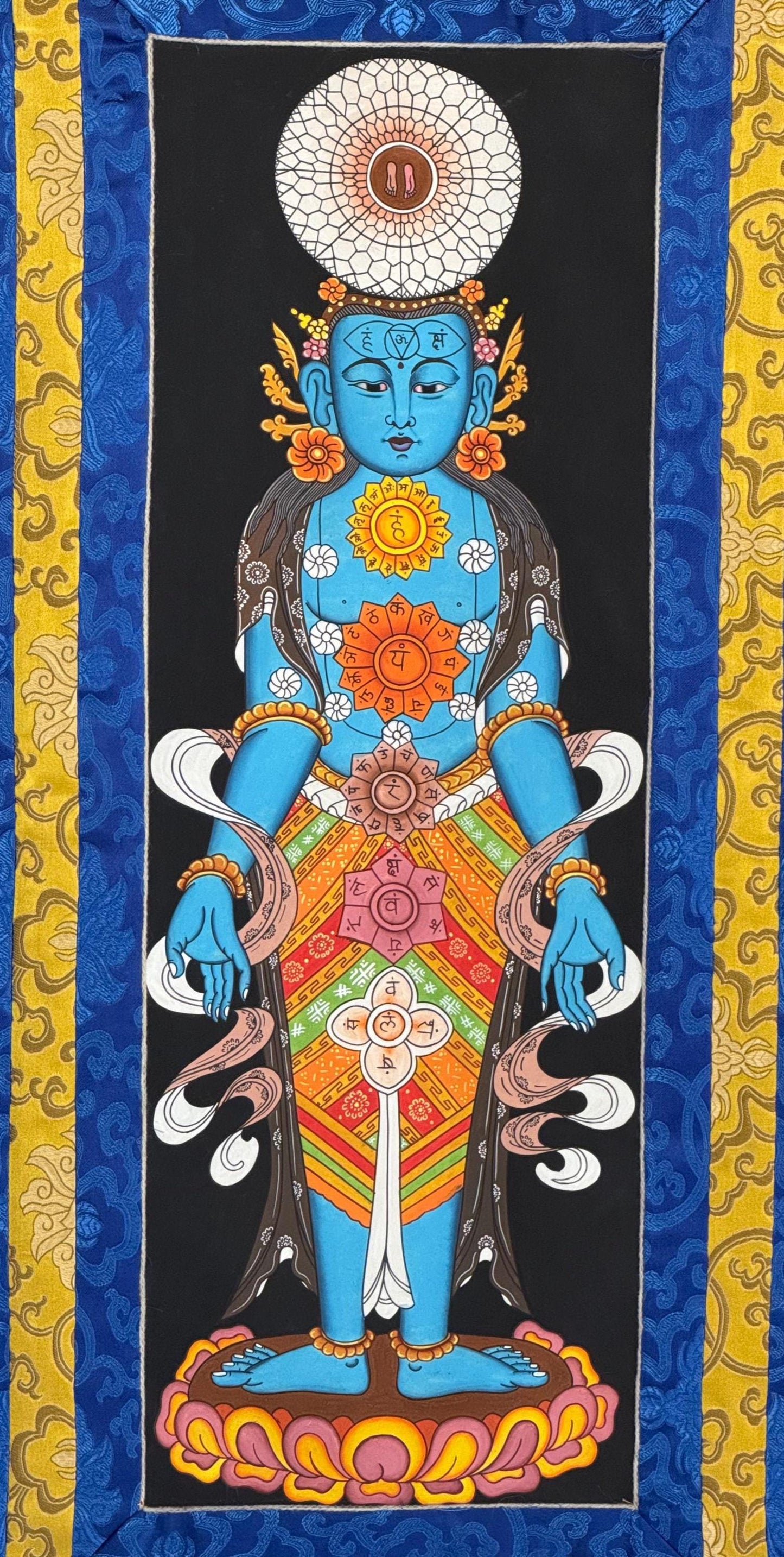7 Chakra Kundalini Thangka | Hand-Painted Tibetan Life Energy Art with Silk Brocade