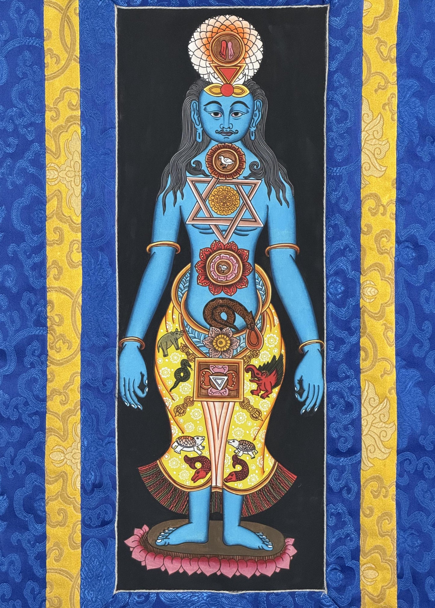Hand-painted 7 Chakra Kundalini Healing Tibetan Thangka Art with Silk Brocade
