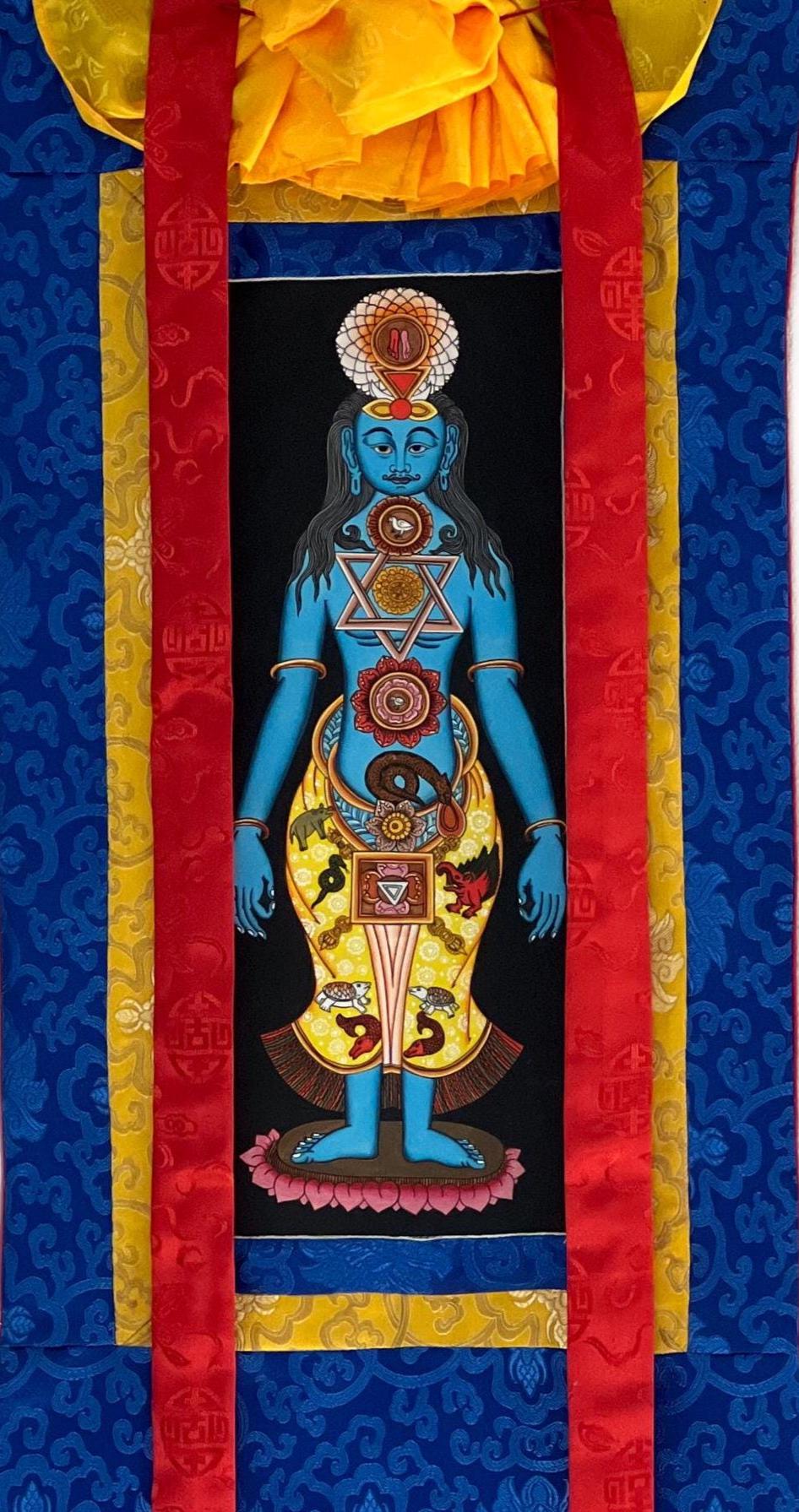 Hand-painted 7 Chakra Kundalini Healing Tibetan Thangka Art with Silk Brocade