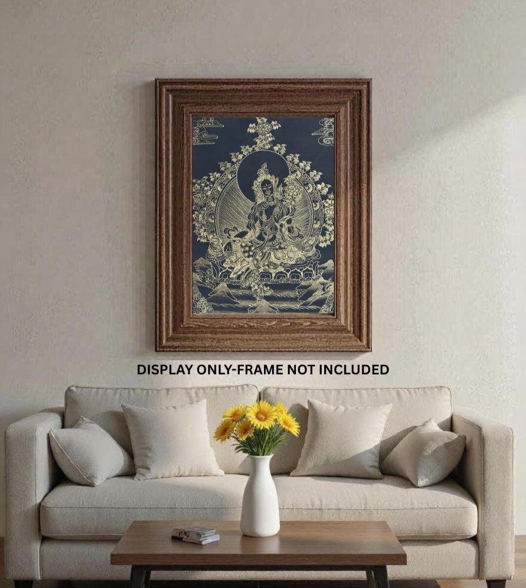 Green Tara Tibetan Thangka Black Gold | Hand-Painted Buddhist Goddess Art | Compassion Healing Decor