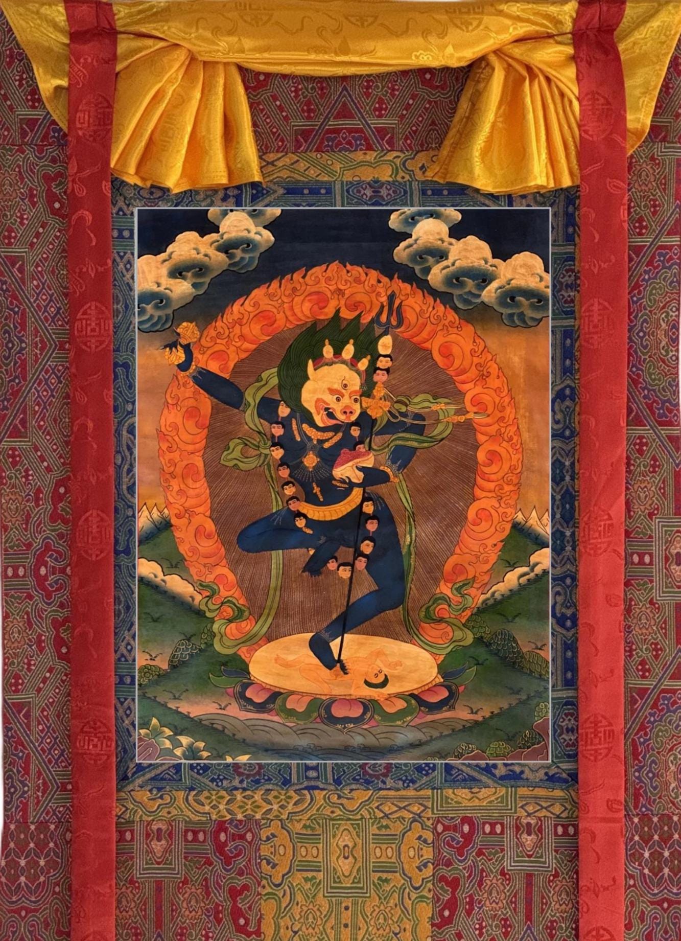 Simhamukhi Vajrayogini Thangka | Lion-Faced Dakini Hand-Painted Tibetan Tantric Art with Silk Brocade