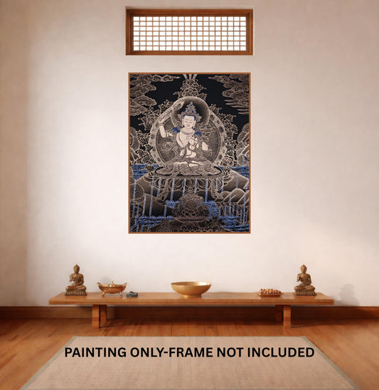 Hand-Painted Manjushri Thangka | Tibetan Buddhist Wisdom Art, 24K Gold Detail