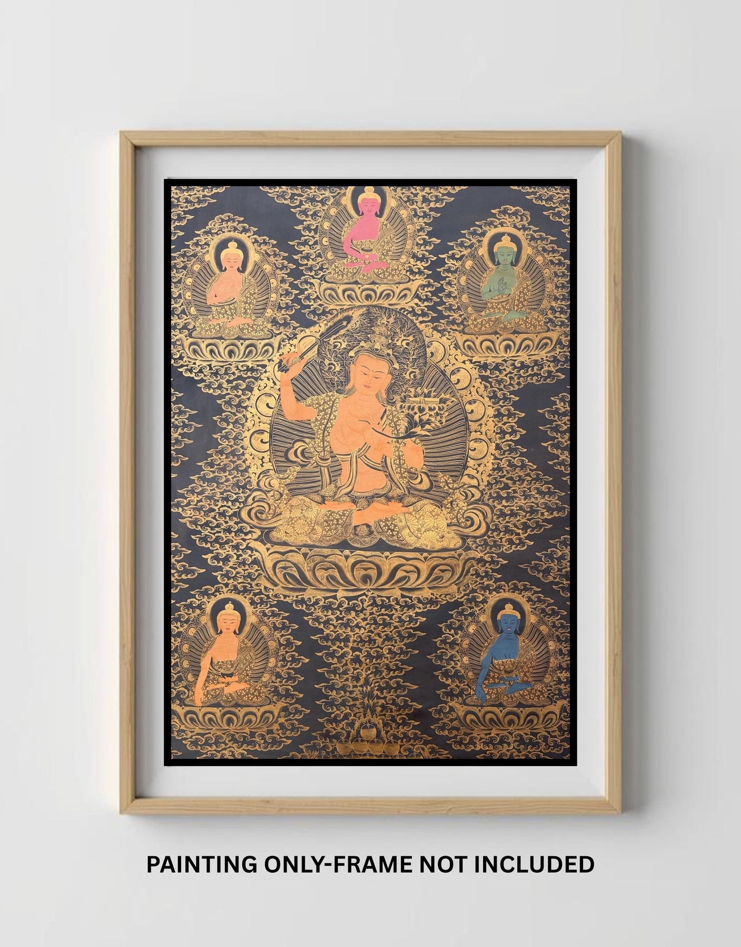 Large Panch Buddha Manjushri Thangka Painting – Black & Gold Oil Varnished Tibetan Art