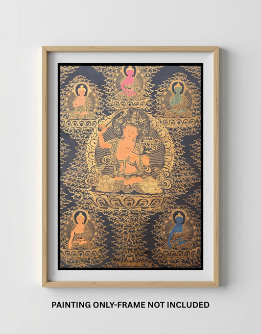 Large Panch Buddha Manjushri Thangka Painting – Black & Gold Oil Varnished Tibetan Art
