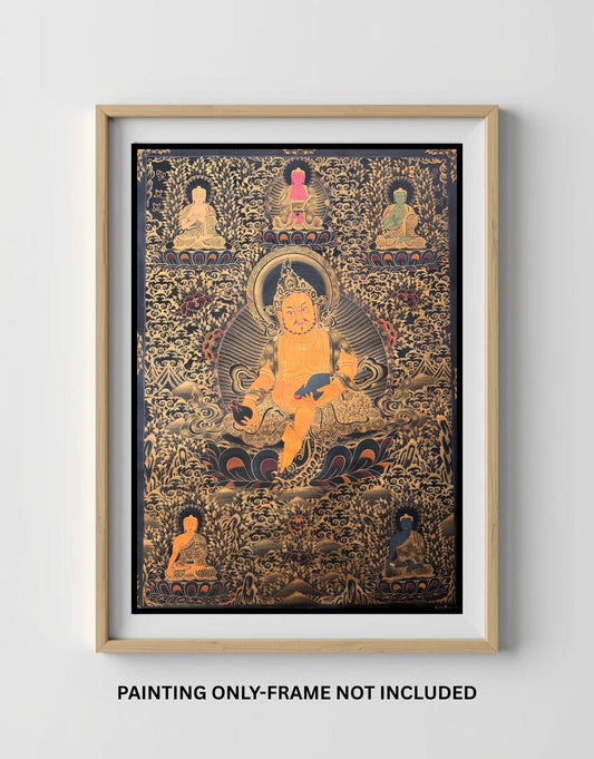Pancha Buddha Jambhala Thangka Painting – Black and Gold, Large Oil Varnished Tibetann Art