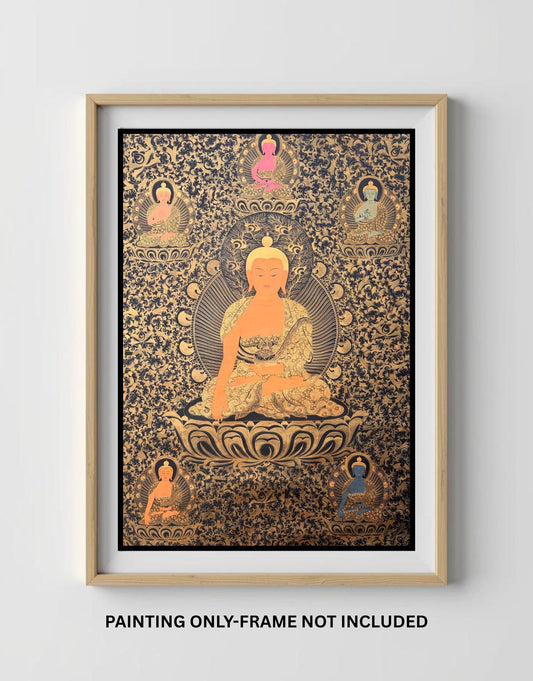 Hand-Painted Large Pancha Buddha Thangka – Black & Gold Oil-Varnished Tibetan Art