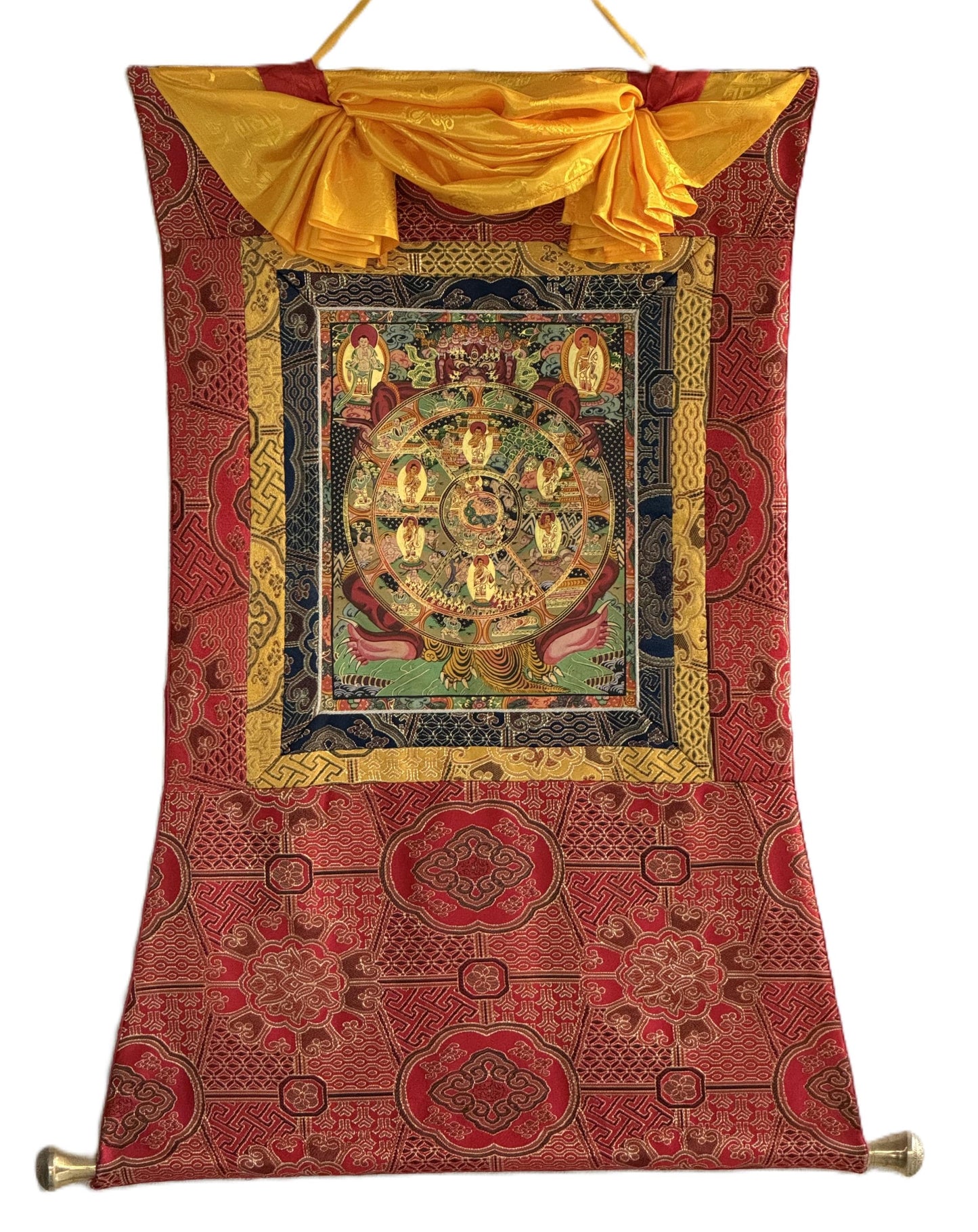 Wheel of Life Thangka | Hand-Painted Bhavachakra Mandala Tibetan Buddhist Art with Silk Brocade