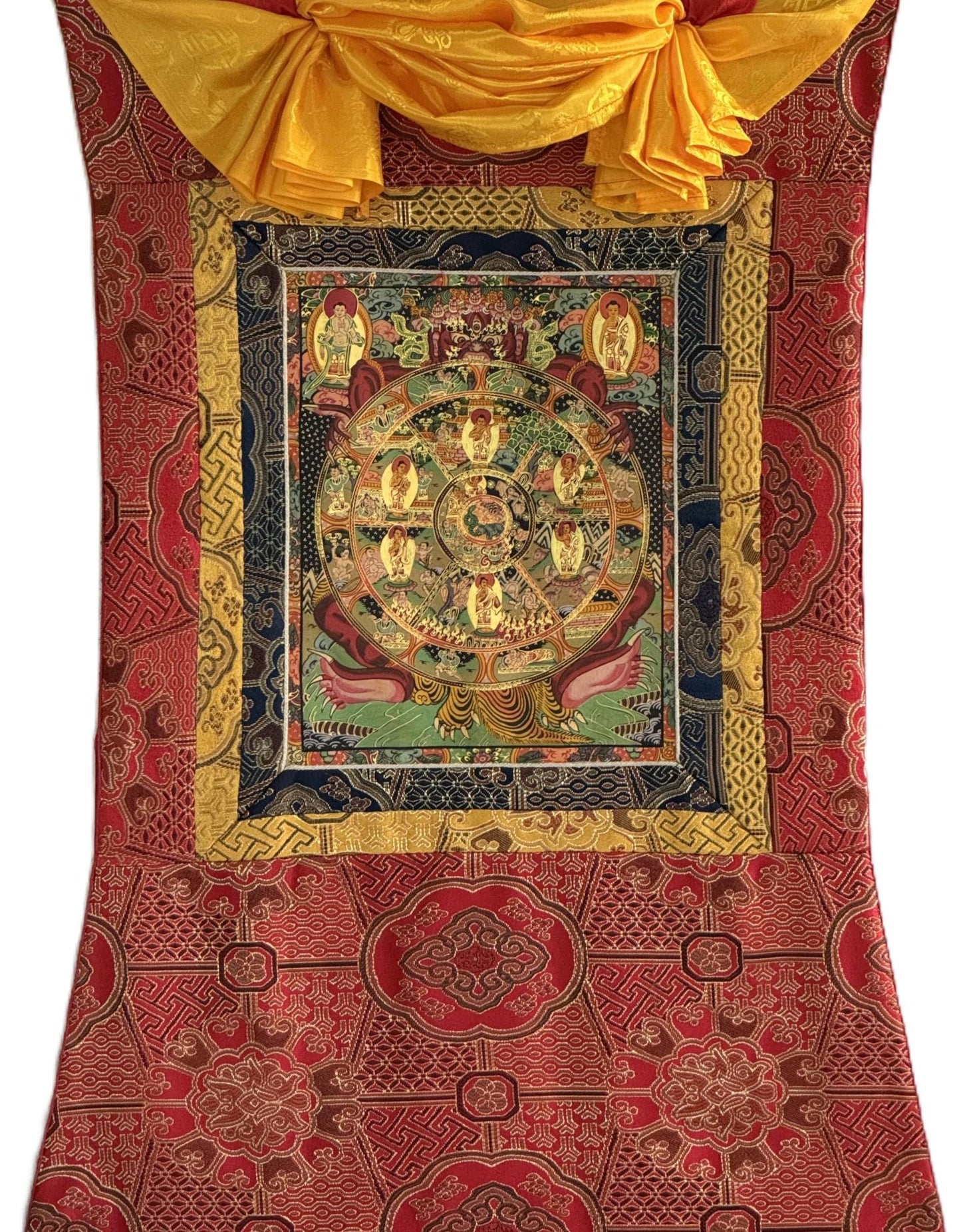 Wheel of Life Thangka | Hand-Painted Bhavachakra Mandala Tibetan Buddhist Art with Silk Brocade