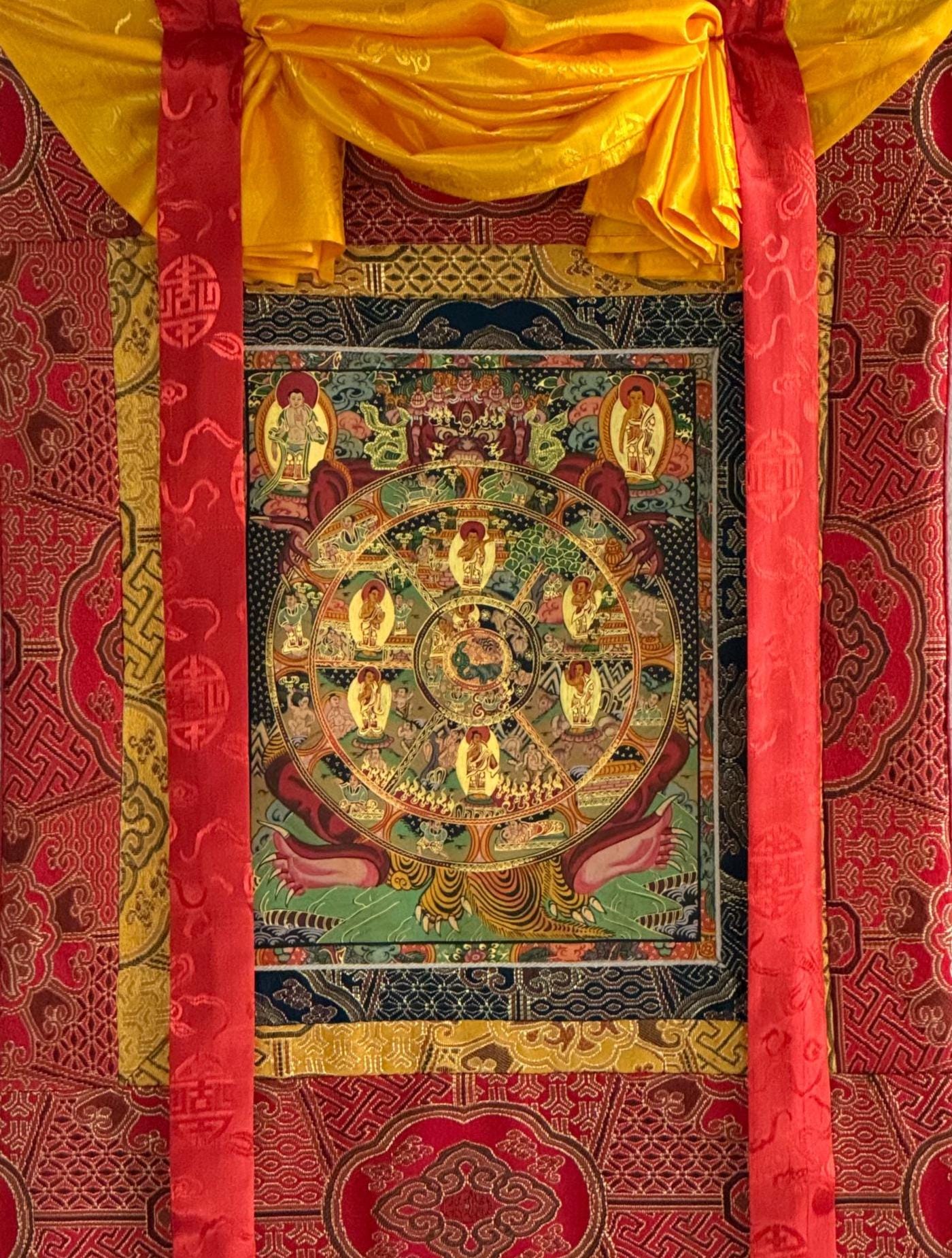 Wheel of Life Thangka | Hand-Painted Bhavachakra Mandala Tibetan Buddhist Art with Silk Brocade