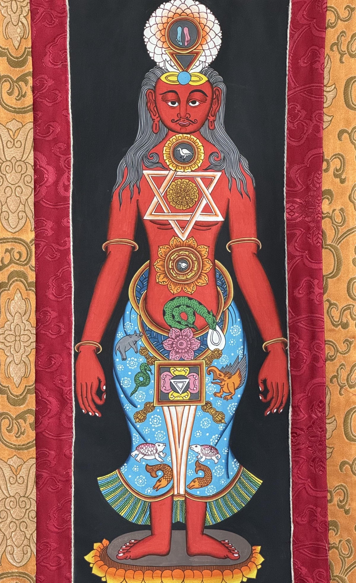 7 Chakra Energy Healing Tibetan Thangka Painting - Kundalini Art Silk Brocade Frame