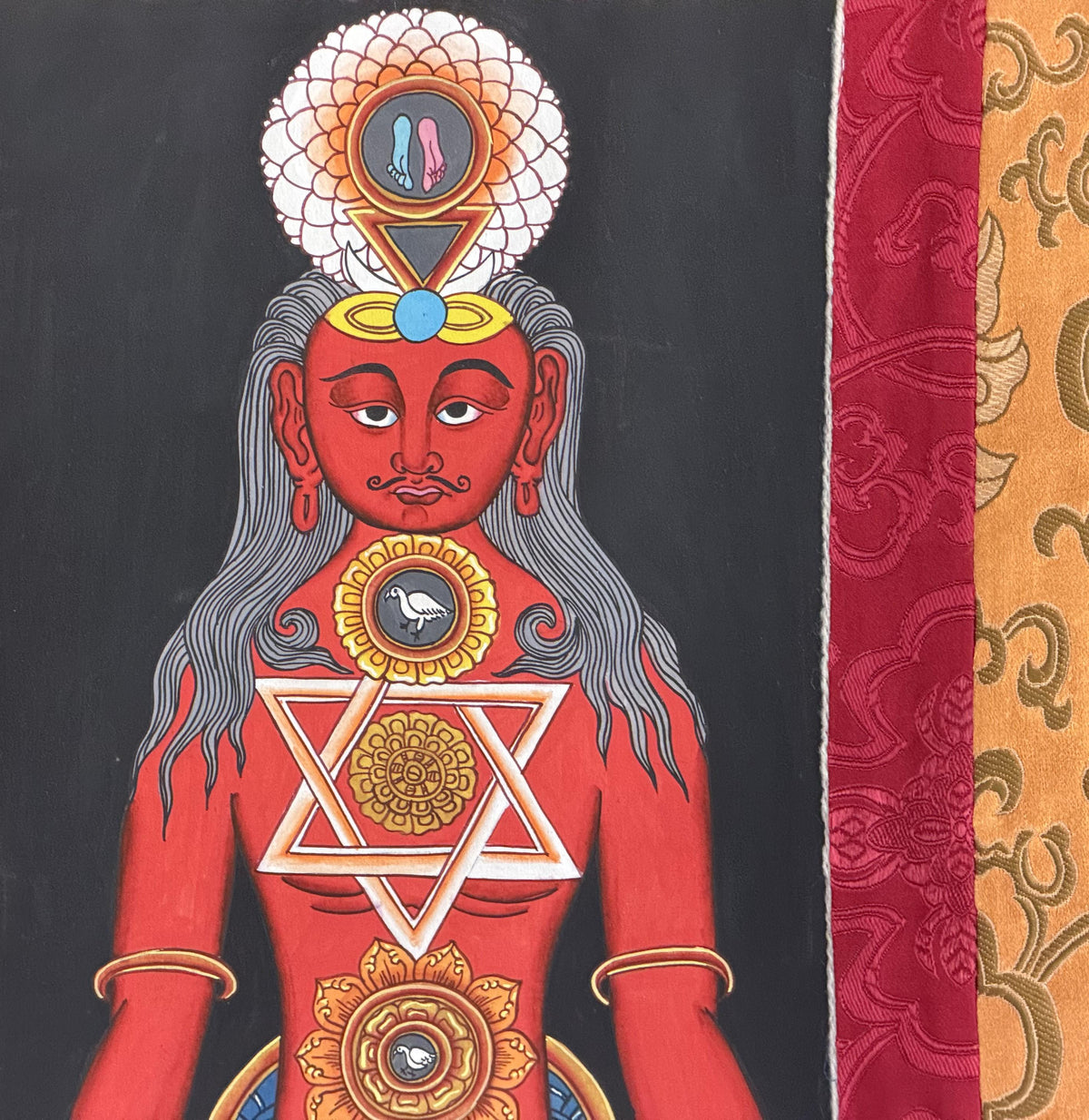 7 Chakra Energy Healing Tibetan Thangka Painting - Kundalini Art Silk Brocade Frame