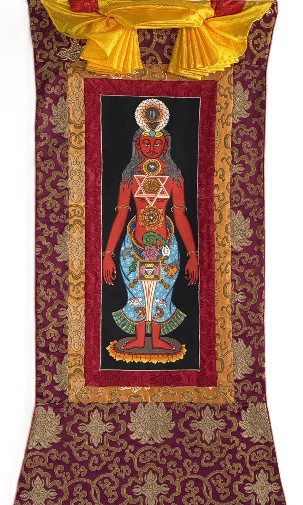 7 Chakra Energy Healing Tibetan Thangka Painting - Kundalini Art Silk Brocade Frame