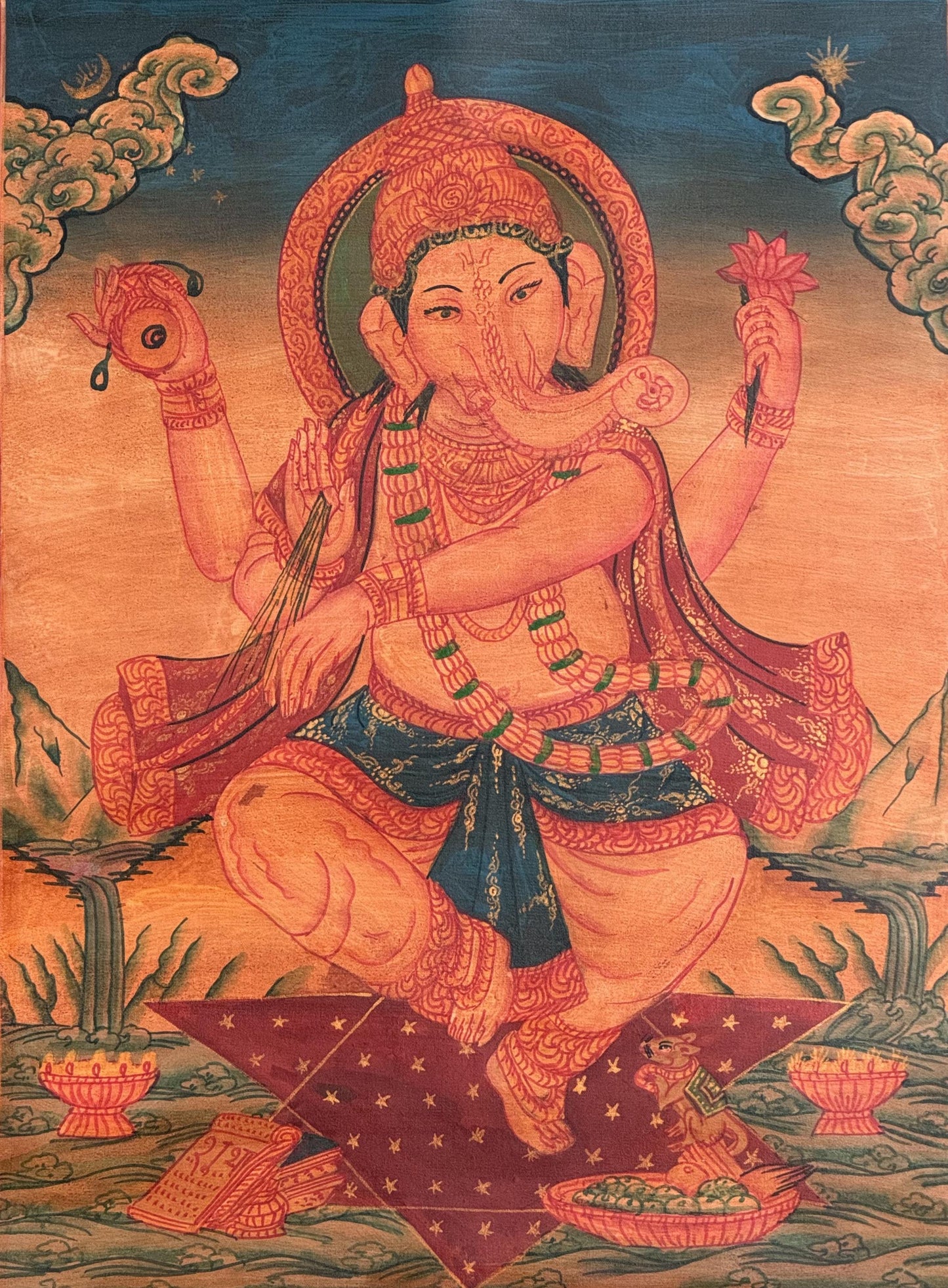 Hand-Painted Ganesha Newari Painting | Ganapati Masterpiece with Silk Brocade | Oil Varnished  Thangka Art