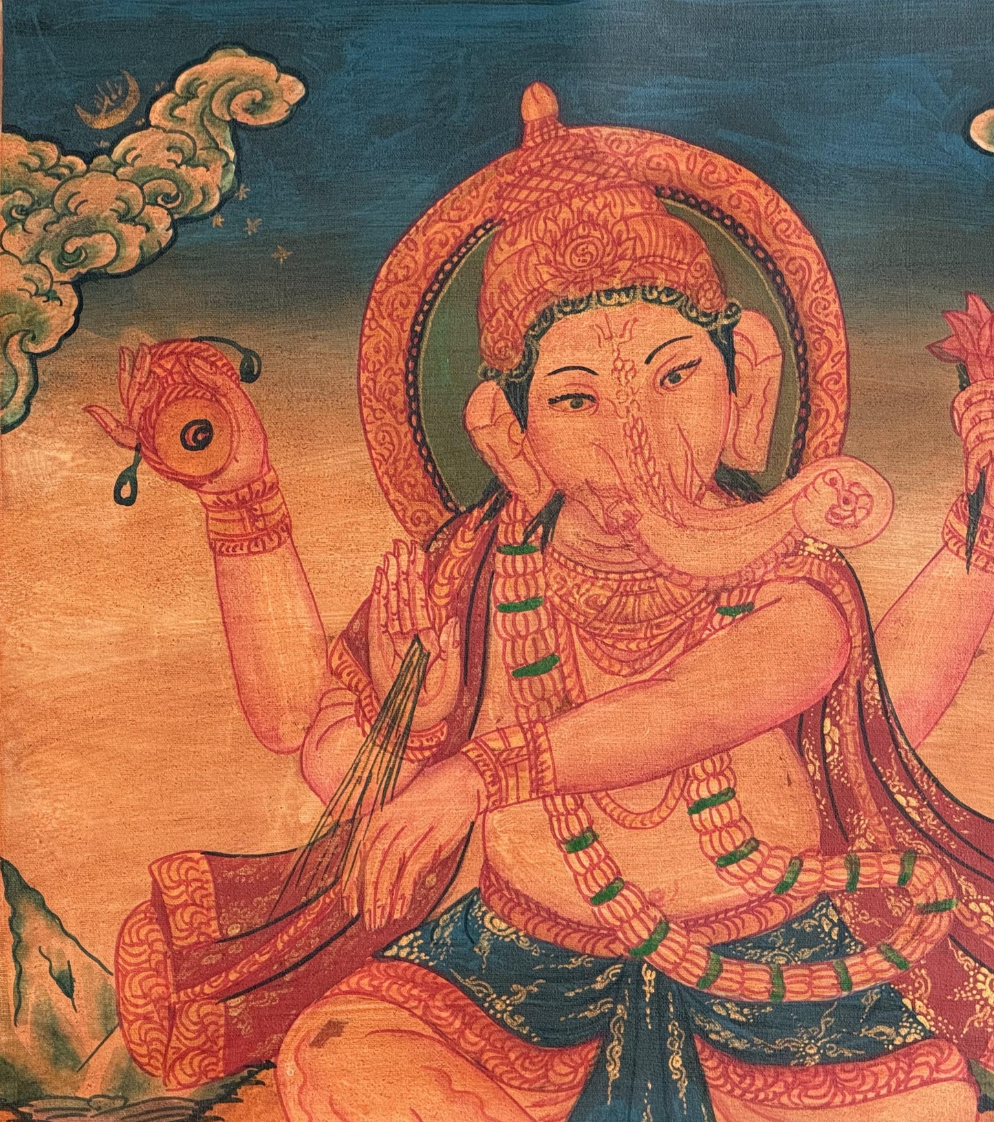 Hand-Painted Ganesha Newari Painting | Ganapati Masterpiece with Silk Brocade | Oil Varnished  Thangka Art