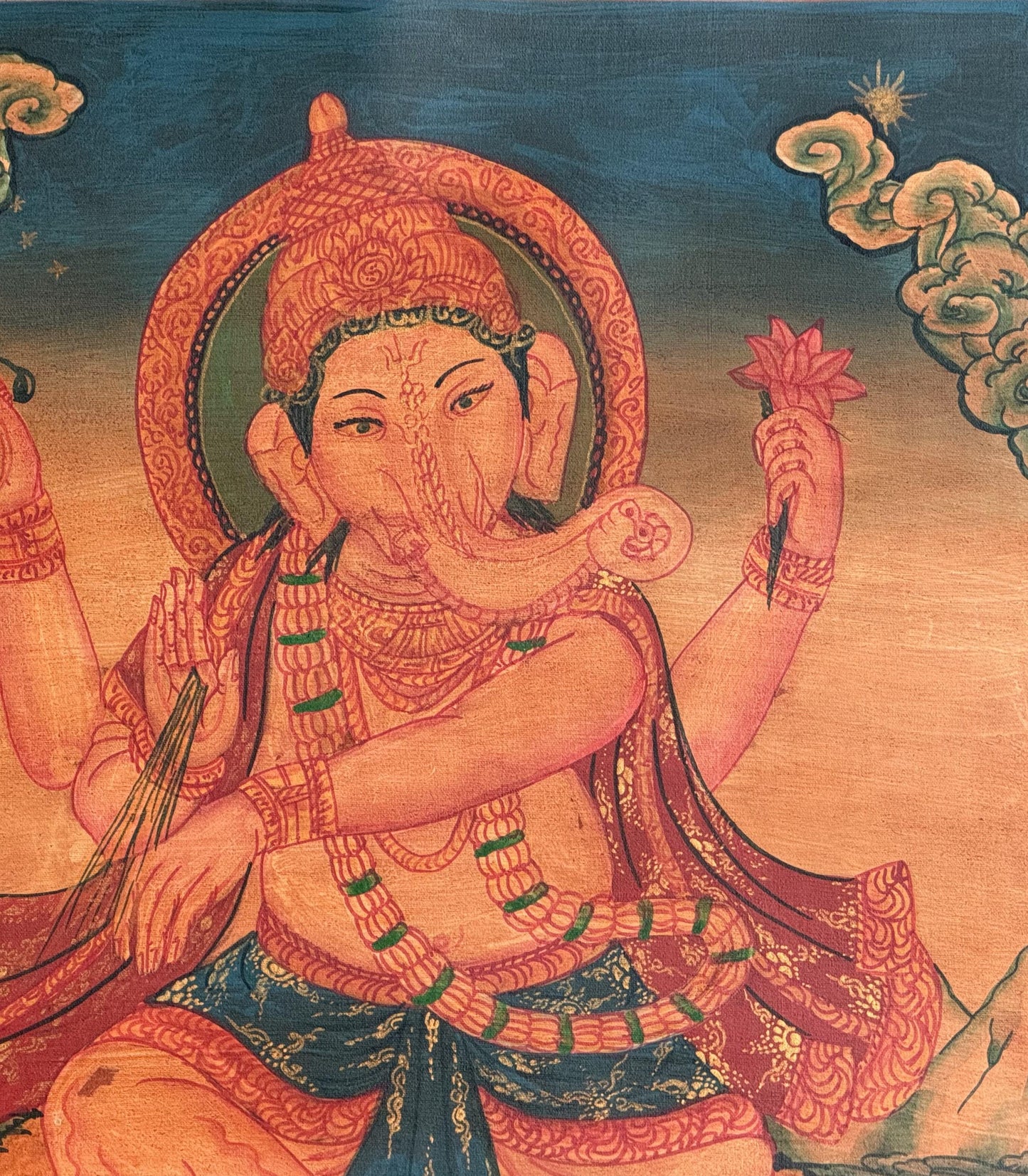 Hand-Painted Ganesha Newari Painting | Ganapati Masterpiece with Silk Brocade | Oil Varnished  Thangka Art