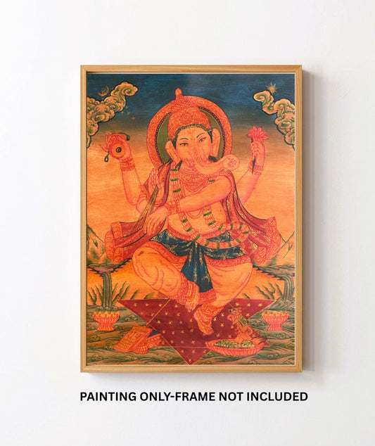 Hand-Painted Ganesha Newari Painting | Ganapati Masterpiece with Silk Brocade | Oil Varnished  Thangka Art