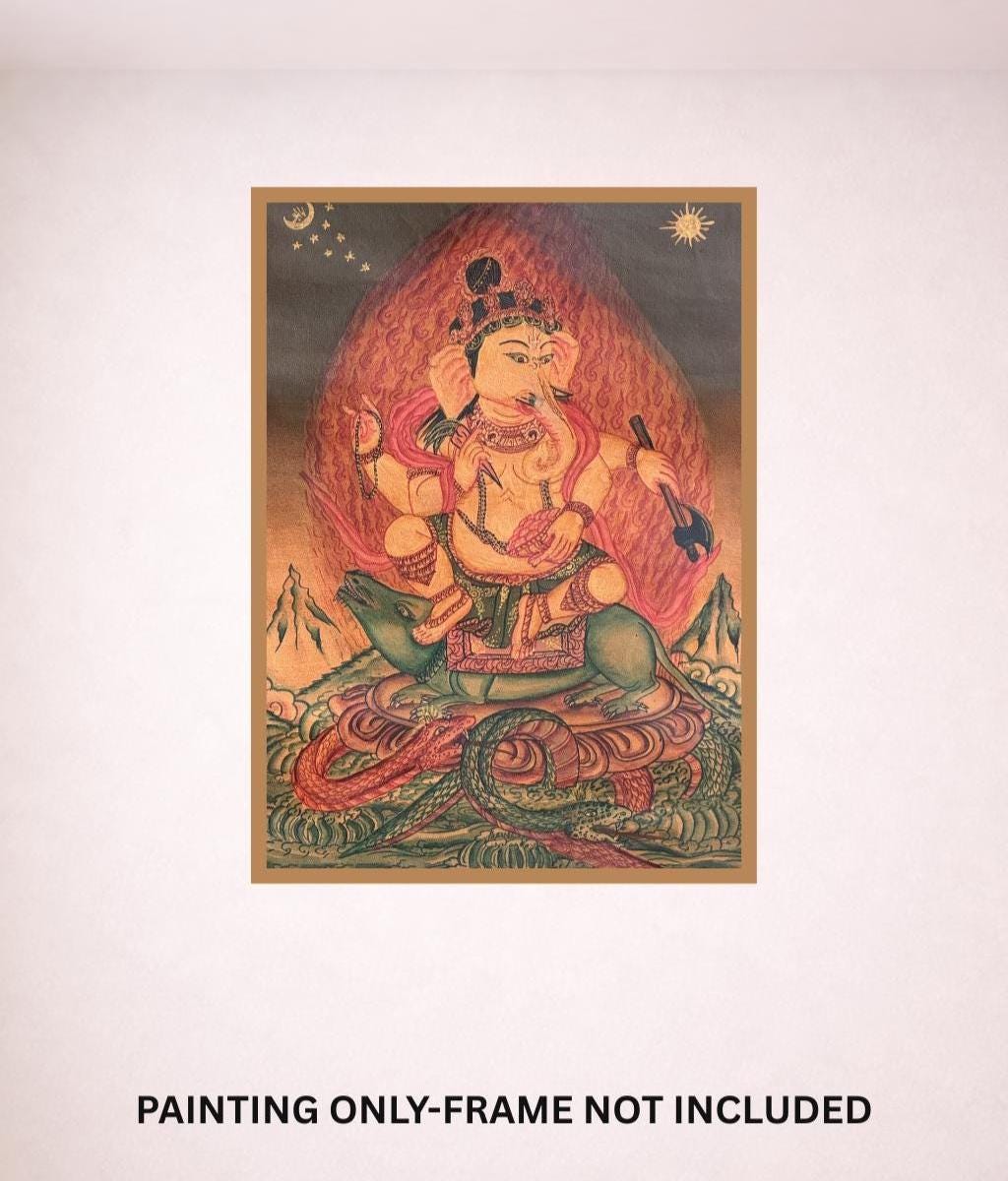 Hand-Painted Ganesha Newari Thangka | Ganapati Masterpiece with Silk Brocade | Oil Varnished  Art