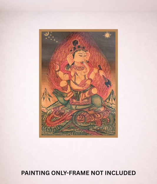 Hand-Painted Ganesha Newari Thangka | Ganapati Masterpiece with Silk Brocade | Oil Varnished  Art